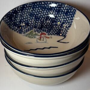 Set 4 Thomson Pottery Snowman Cereal Soup Bowls Winter Christmas Holiday